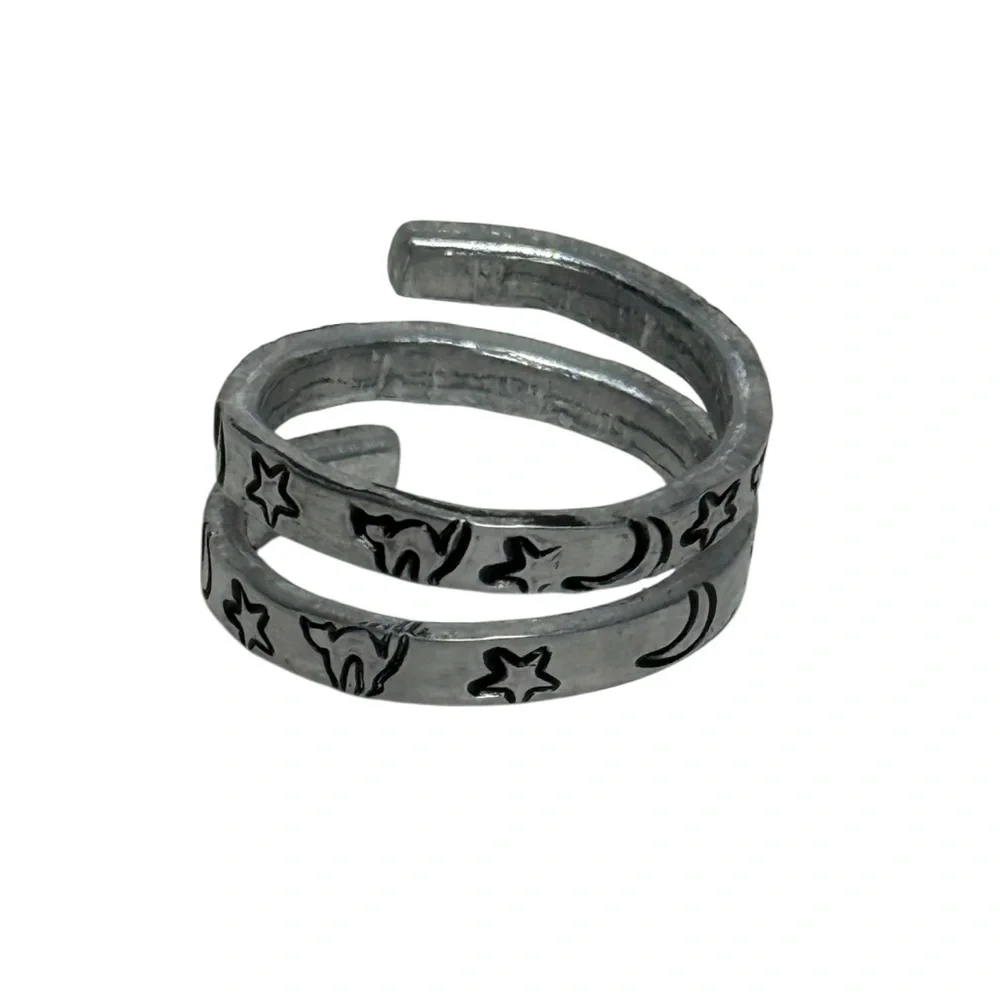 Handmade stamped witch core celestial black‎ cat silver adjustable wrap ring